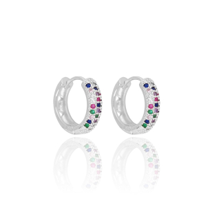 Brinco Argola Três Filetes Zirconias Cravejadas Coloridas Tamanho G Banho Branco