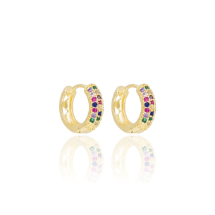Brinco Argola Três Filetes Zirconias Cravejadas Coloridas Tamanho M Banho Dourado