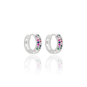 Brinco Argola Três Filetes Zirconias Cravejadas Coloridas Tamanho M Banho Branco