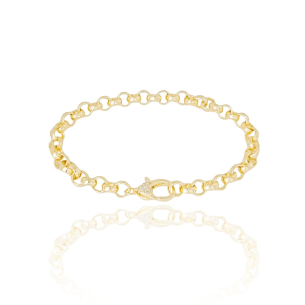 Pulseira Elos Portugueses Fecho Coração Cravejado Cristal Banho Dourado