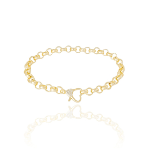 Pulseira Elos Portugueses Fecho Coração Cravejado Cristal Detalhe Banho Dourado
