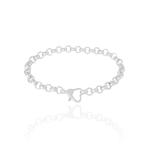 Pulseira Elos Portugueses Fecho Coração Cravejado Cristal Detalhe Banho Branco