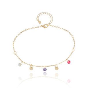 Tornozeleira Pontos de Luz Coloridos Plaquinhas Flat Redondas Banho Dourado