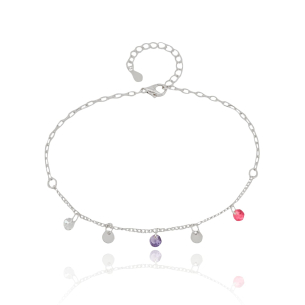 Tornozeleira Pontos de Luz Coloridos Plaquinhas Flat Redondas Banho Branco