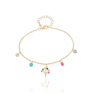 Pulseira Arvore da Vida Pontos de Luz Coloridos Banho Dourado