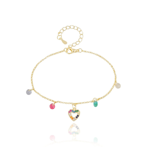 Pulseira Elos Coração Cravejado Pontos de Luz Coloridos Banho Dourado