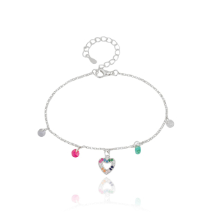 Pulseira Elos Coração Cravejado Pontos de Luz Coloridos Banho Branco