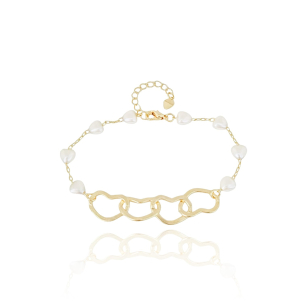 Pulseira Corações Vazados Perolas Banho Dourado
