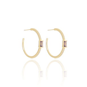 Brinco Argola Cravejada Cristal Ponto de Luz Retangulo Ametista Banho Dourado