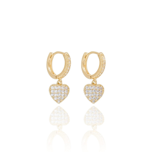 Brinco Argola Pingente Coração Cravejados Cristal Banho Dourado