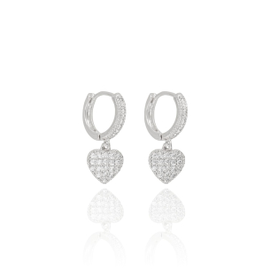 Brinco Argola Pingente Coração Cravejados Cristal Banho Branco