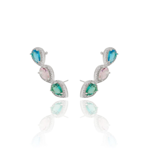 Ear Cuff Piercing Gotas Coloridas Borda Cravejada Cristal Banho Branco