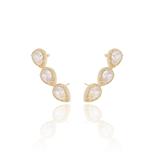 Ear Cuff Piercing Gotas Cristal Borda Cravejada Banho Dourado