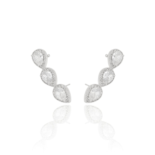 Ear Cuff Piercing Gotas Cristal Borda Cravejada Banho Branco