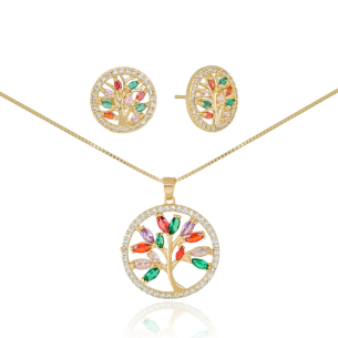 Conjunto Árvore da Vida Colorido Borda Cravejada Cristal Banho Dourado