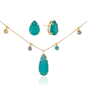 Conjunto Gota Green Fusion Pontos de Luz Coloridos Banho Dourado