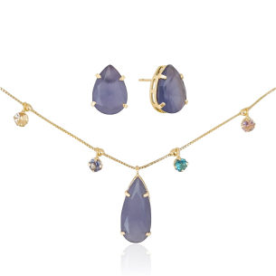 Conjunto Gota Ametista Pontos de Luz Coloridos Banho Dourado