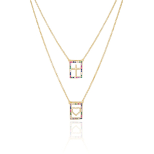 Escapulário Coração Cruz Borda Colorida Banho Dourado