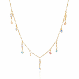 Choker Navetes e Pontos de Luz Coloridos Banho Dourado