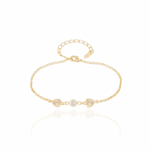 Pulseira Elos Portugueses Corações e Ponto de Luz Cristal Banho Dourado