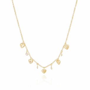 Choker Elos Portugueses Corações Lisos Pontos de Luz Cristal Banho Dourado