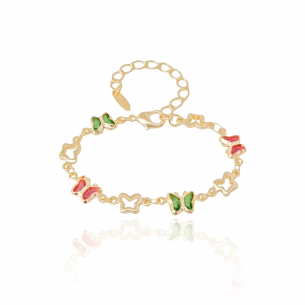 Pulseira Infantil Borboletas Coloridas e Vazadas Banho Dourado