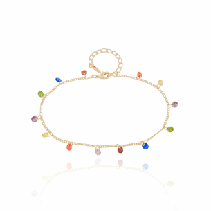 Tornozeleira Elos Pontos de Luz Coloridos Banho Dourado