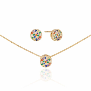 Conjunto Redondo Cravejado Colorido Banho Dourado