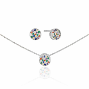 Conjunto Redondo Cravejado Colorido Banho Branco