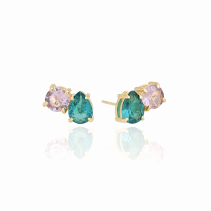 Brinco Gota Turmalina Ponto de Luz Rosa Banho Dourado