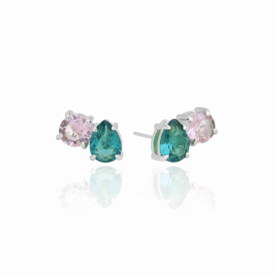 Brinco Gota Turmalina Ponto de Luz Rosa Banho Branco