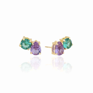 Brinco Gota Lilás Ponto de Luz Turmalina Banho Dourado