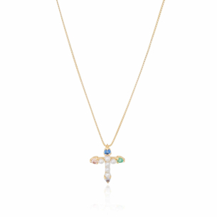 Gargantilha Veneziana Cruz Perolas Pontos de Luz Coloridos Banho Dourado