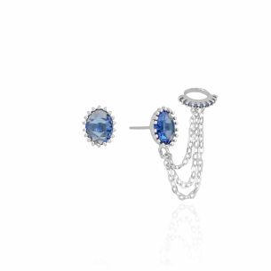 Brinco Piercing Unilateral Correntes Oval Safira Lado Esquerdo Banho Branco