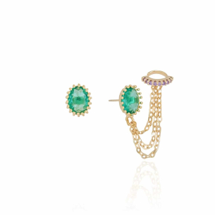 Ear Line Piercing Unilateral Correntes Oval Turmalina Lado Esquerdo Banho Dourado