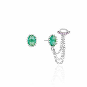 Brinco Piercing Unilateral Correntes Oval Turmalina Lado Esquerdo Banho Branco