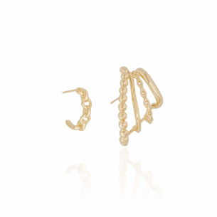 Ear Hook Filetes Bolas Elos Brinco Meia Argola Elos Banho Dourado