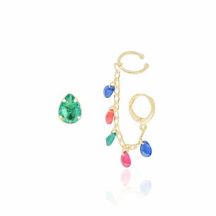 Brinco Gota Turmalina Piercing Argola Unilateral Gotas Coloridas Banho Dourado