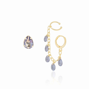 Brinco Gota Piercing Argola Unilateral Gotas Ametista Banho Dourado