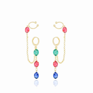 Brinco Argola Piercing Unilateral Ovais Coloridos Mix 1 Banho Dourado