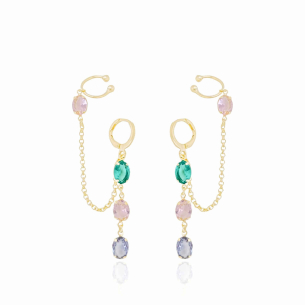 Brinco Argola Piercing Unilateral Ovais Coloridos Mix 2 Banho Dourado