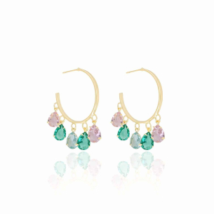 Brinco Argola Gotas Rosa Turmalina Sky Banho Dourado