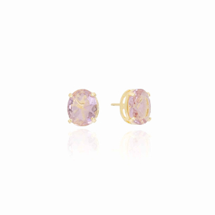 Brinco Oval Safira Rosa Banho Dourado