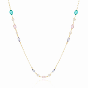 Gargantilha Longa Ovais Coloridos Pontos de Luz Cristal Banho Dourado