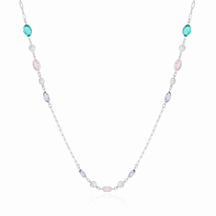 Gargantilha Longa Ovais Coloridos Pontos de Luz Cristal Banho Branco