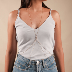 Body Chain Veneziana Bolinhas Ponto de Luz Cristal Banho Dourado