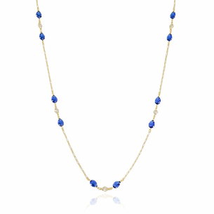 Gargantilha Longa Elos Retangulares Gotas Safira Pontos de Luz Cristal Banho Dourado