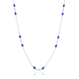 Gargantilha Longa Elos Retangulares Gotas Safira Pontos de Luz Cristal Banho Branco