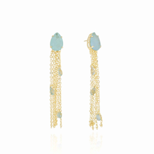 Brinco Gota Azul Fusion Franja Elos Gotas Banho Dourado