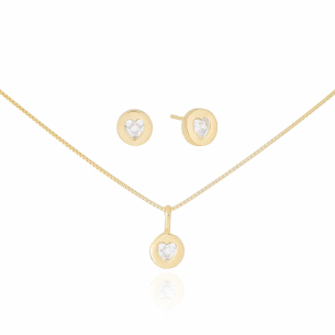 Conjunto Coração Cristal Borda Lisa Banho Dourado